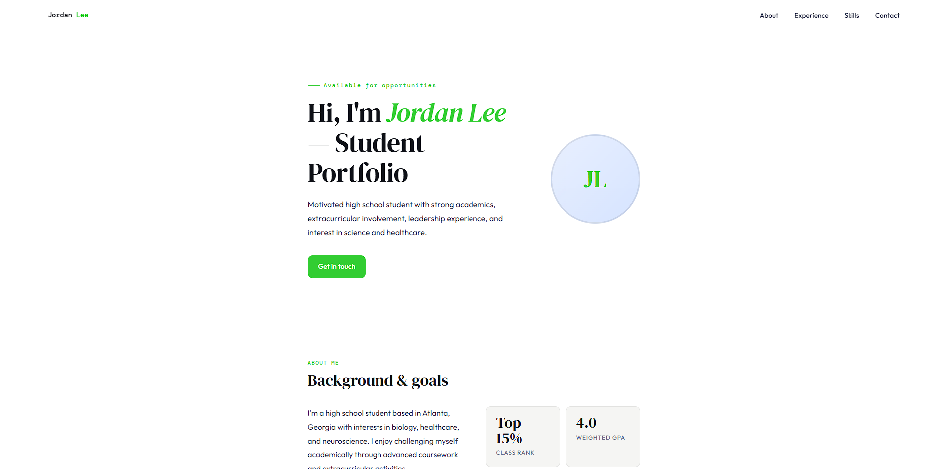 Portfolio online CV example preview